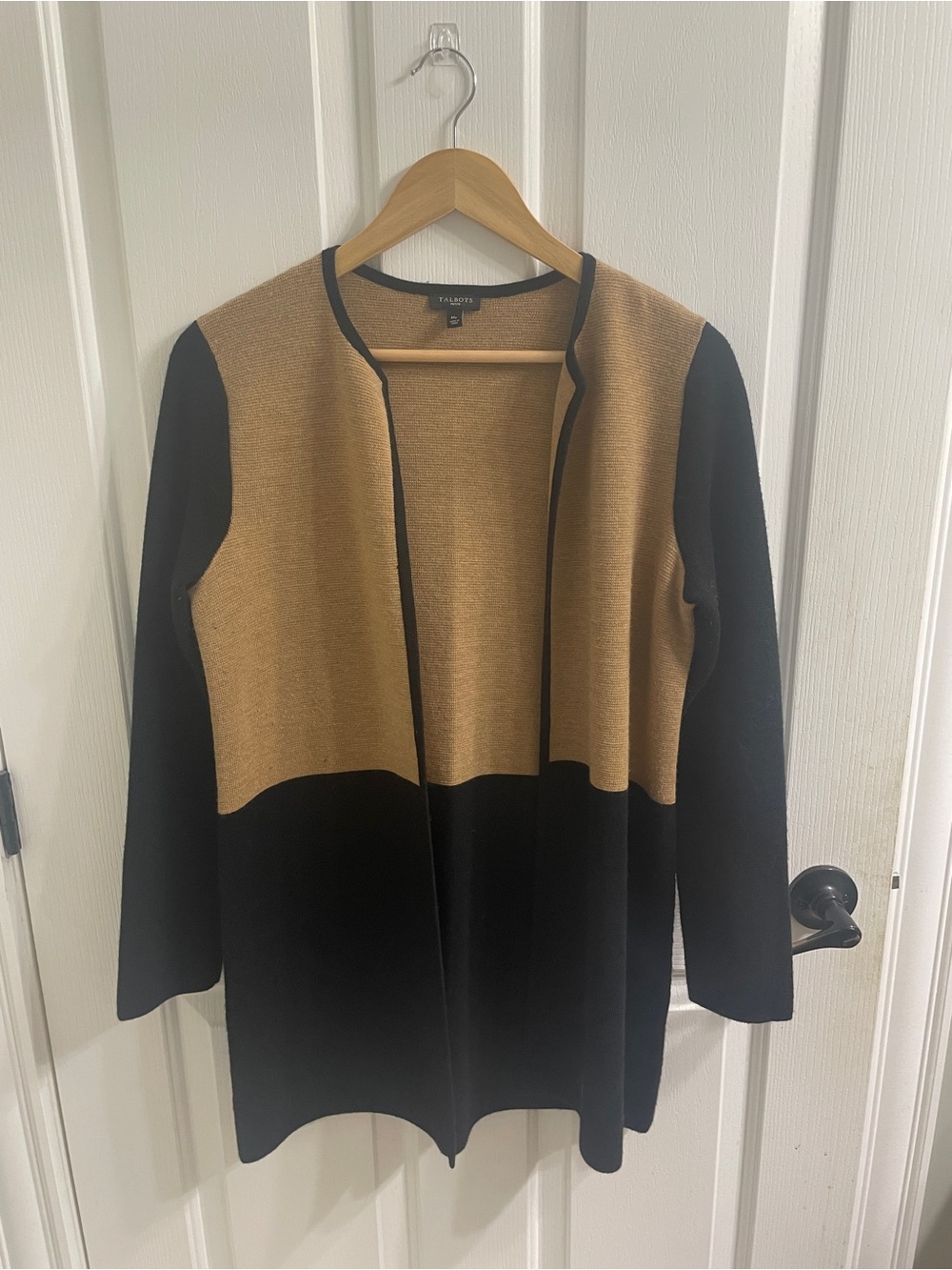TALBOTS Petite Merino Wool Blend Camel and Black Open-Front Colorblock Cardigan